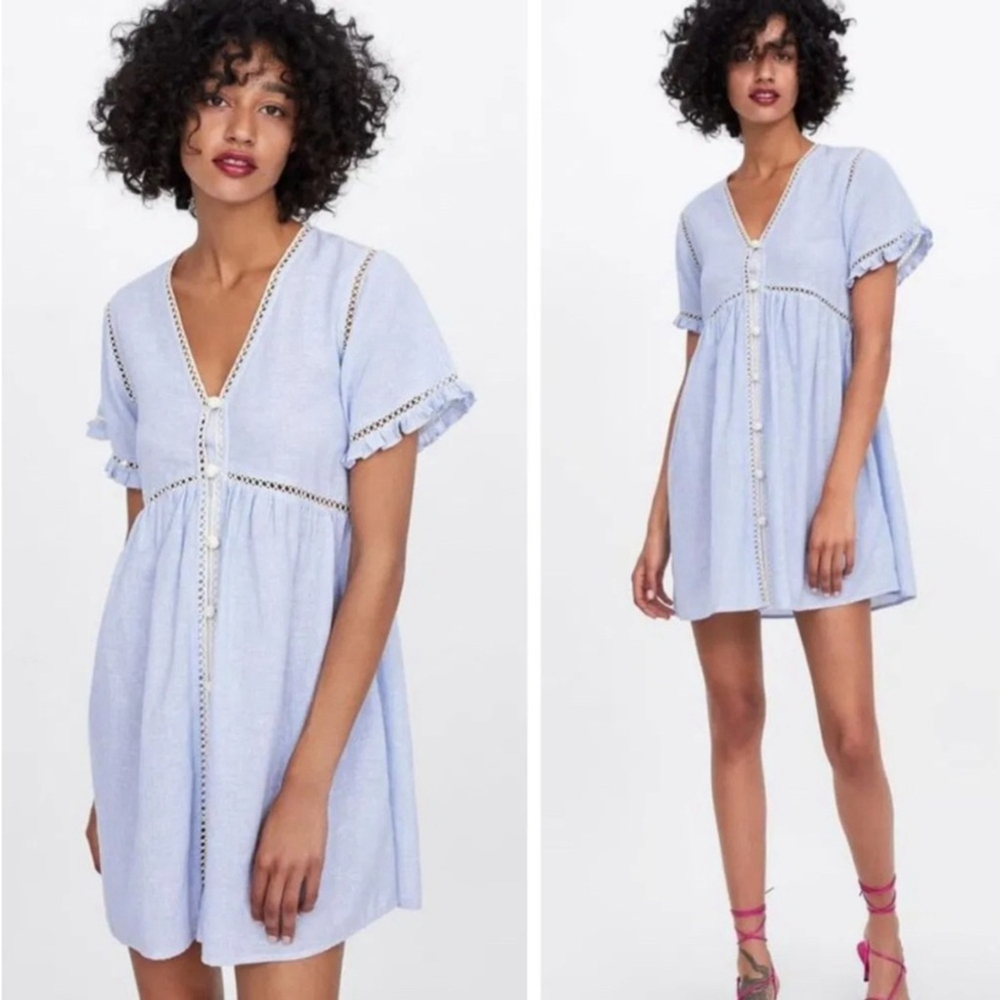 ZARA striped natural blue babydoll dress Button-Down Dress bloggers favourite